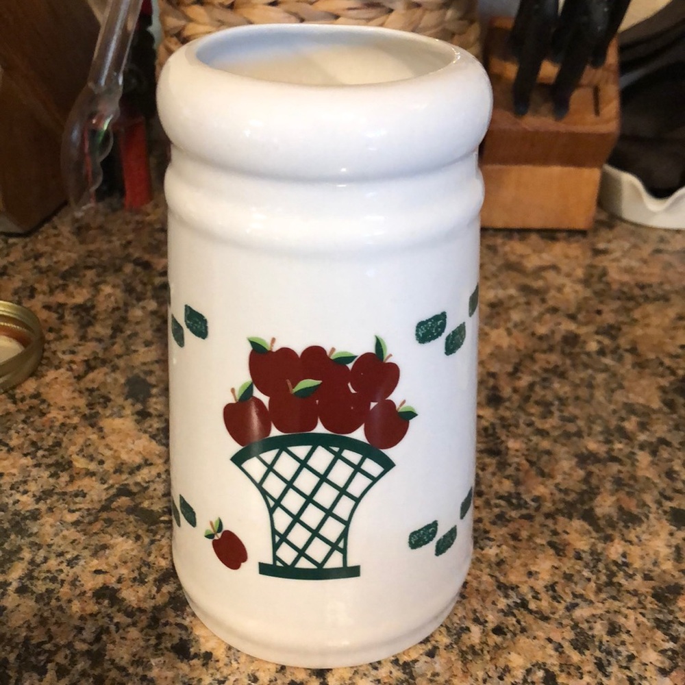 GEI Stoneware Pottery Utensil Holder Red Apples in Basket Design circa 1980's.